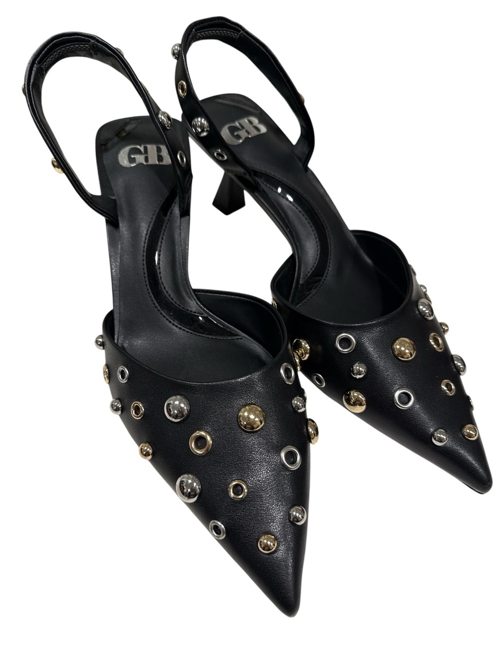 GB  Office Siren Black Pointed Slingback Heels with Gold & Silver Studs